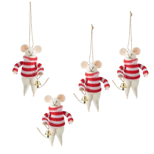 four woollen mice Christmas decorations