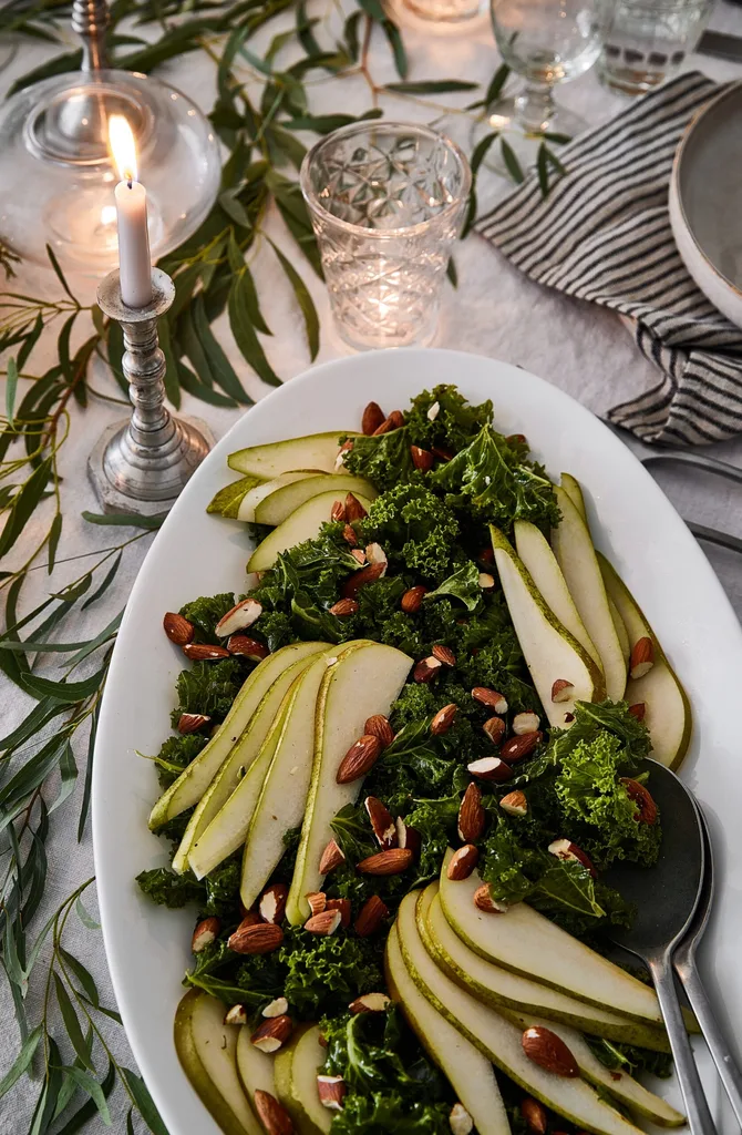 A pear and almond salad on a dining table