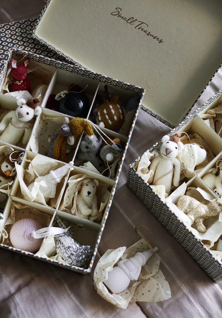 A box of felt Christmas ornaments