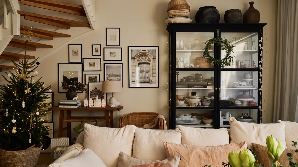 A festively decorated living room in Finland