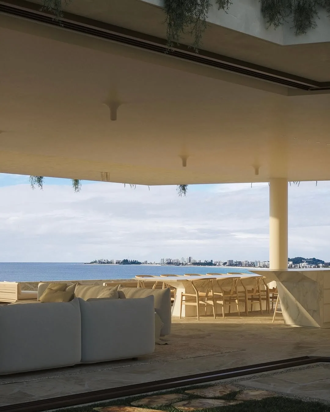A render of the open-plan living space overlooking the ocean