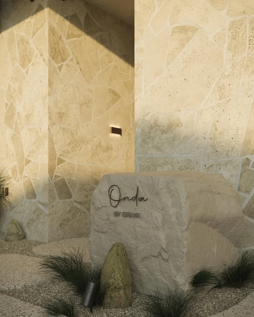 A render of the stone facade of ONDA, a residential project by GRAYA