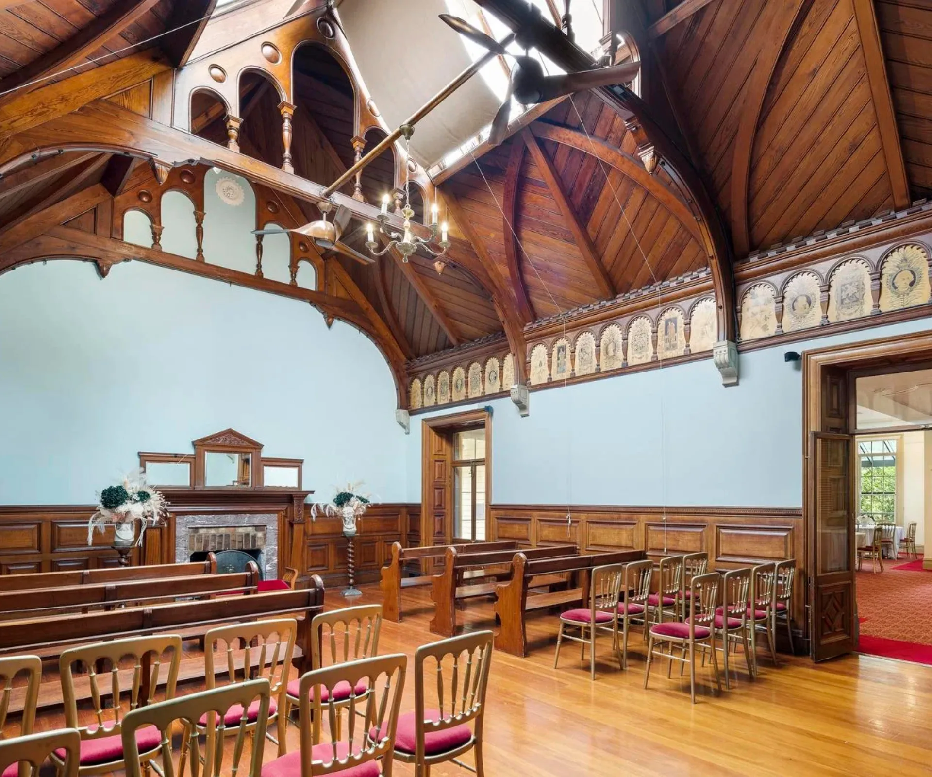 A timber-panelled church in Overnewton Castle