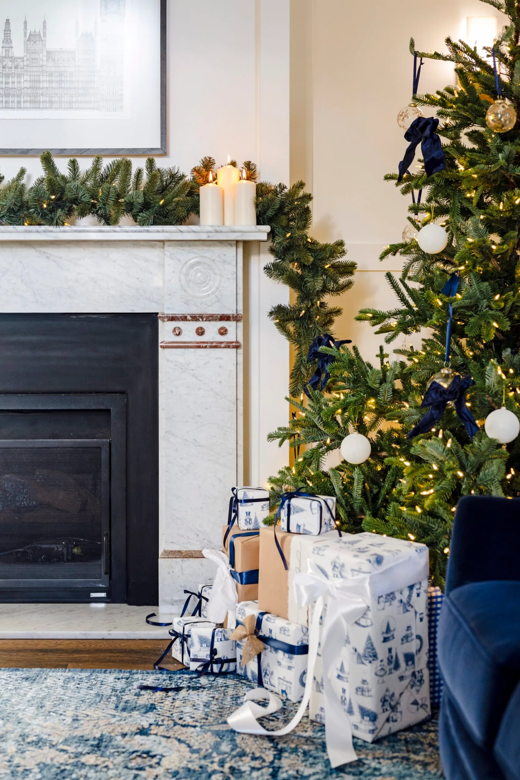 A Christmas tree decorated with blue ribbons