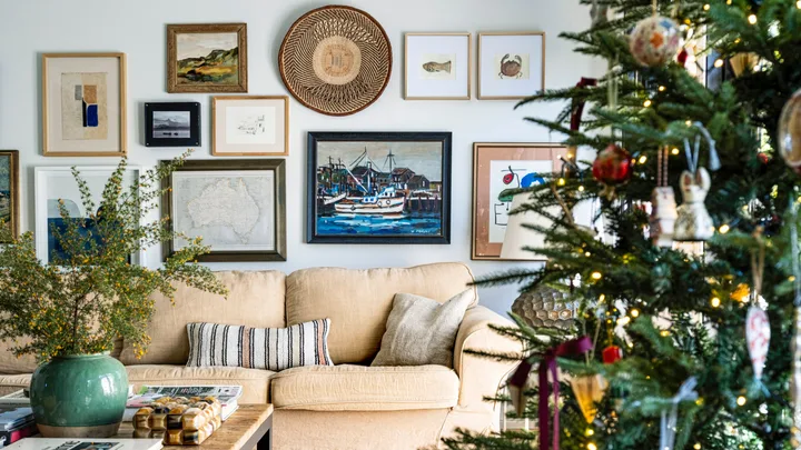 Christmas decorations in an eclectic living room