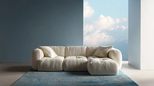 A couch in the white shade 'Cloud Break', Pantone's colour of 2026