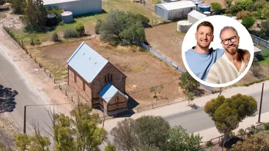 A headshot of Mat and Robby over an image of Mat's Brinkworth church