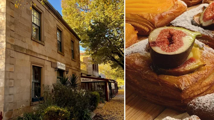 The exterior of Ross Village Bakery and a fruit danish