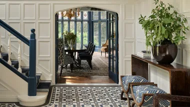 A entrance with blue doors
