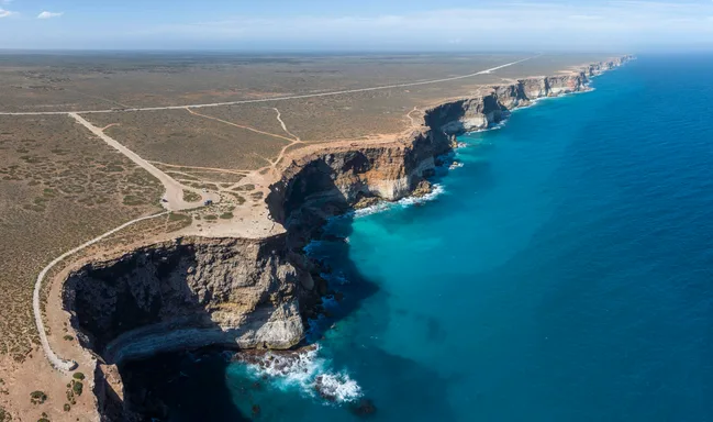 Aerial view of coastal cliff formations, Nullarbor, South Australia.