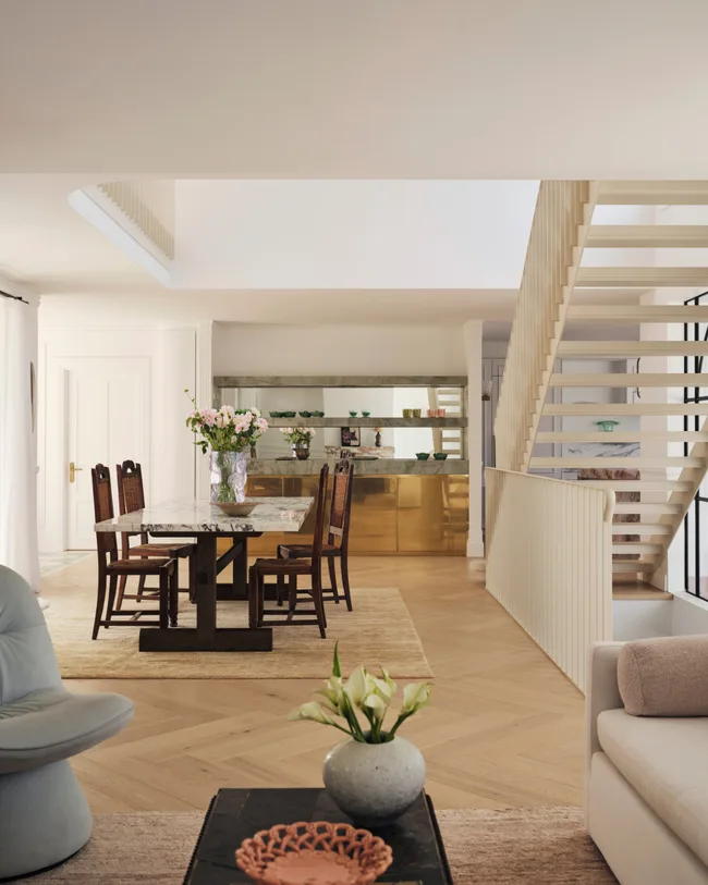 Living room staircase and skylights