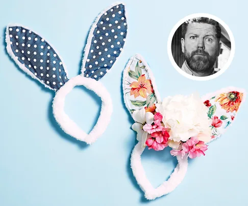Two DIY headbands with bunny ears in blue polka dot and floral patterns, one adorned with flowers; a black-and-white portrait inset.