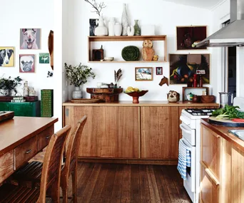 A country kitchen with floating shelves