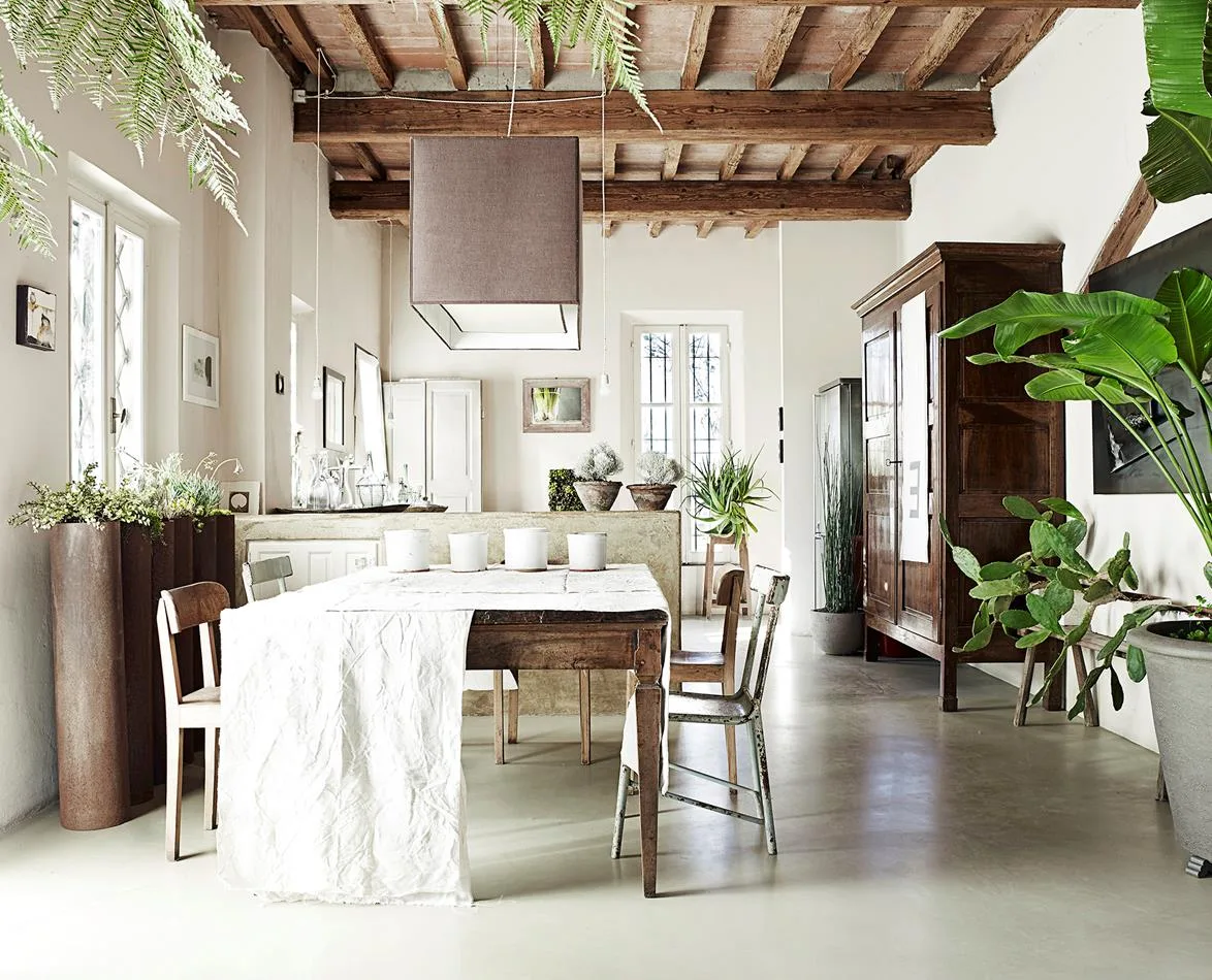 a kitchen with timber roof, indoor plants and wooden dining table and chairs