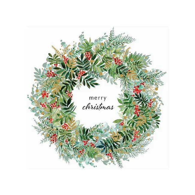 Watercolor Christmas wreath with green leaves and red berries, centered text says "merry Christmas."