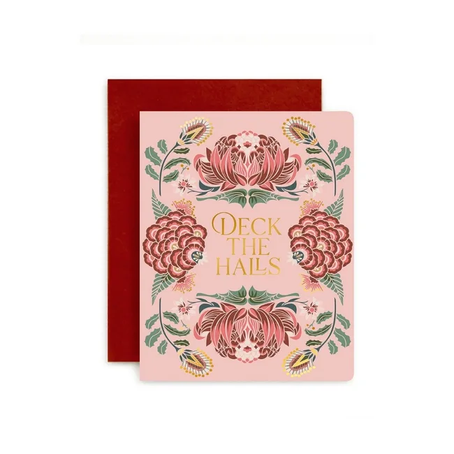 Deck the Halls card with floral design and red envelope on a white background.