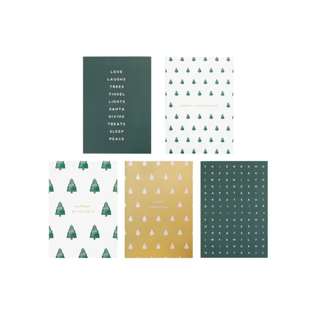 Five Christmas-themed cards with words and tree patterns in green, white, and gold designs.