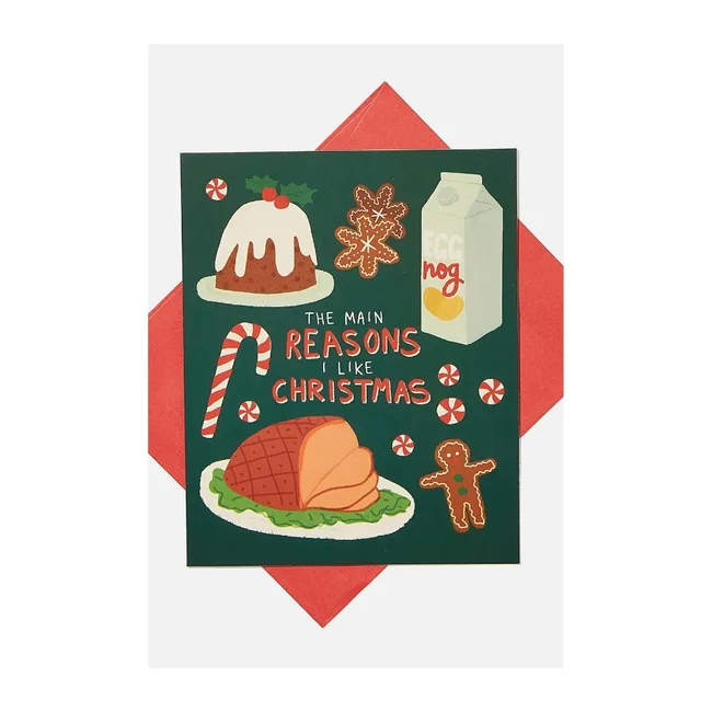 Christmas card with illustrations of pudding, ham, candy cane, eggnog, gingerbread, and text: "The main reasons I like Christmas."