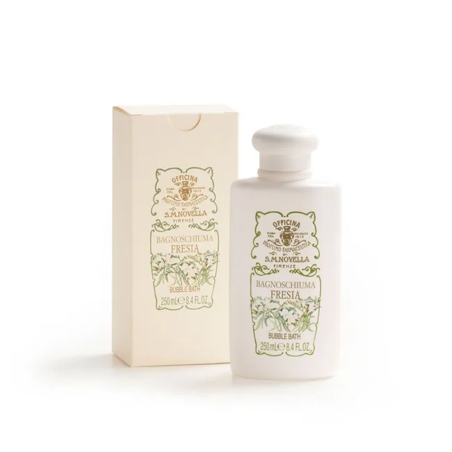 Bottle and box of S.M. Novella Freesia Bubble Bath, 250 ml, with floral design and elegant packaging.