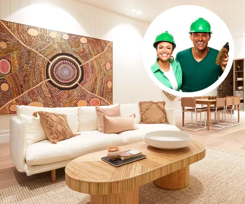 Picture of coastal style living room with picture of Andy and Deb inset