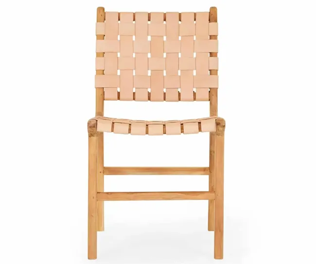 Woven natural leather and wood chair against a white background.