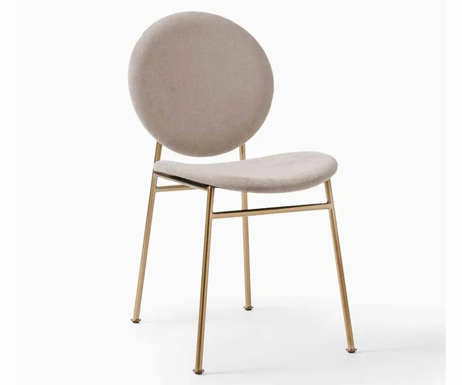 Beige chair with round backrest and gold metal legs on a white background.