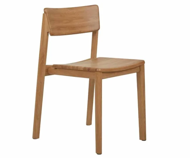 A wooden chair with a simple, minimalist design and four legs.