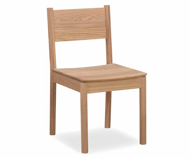 Plain wooden chair with a straight back and four legs on a white background.