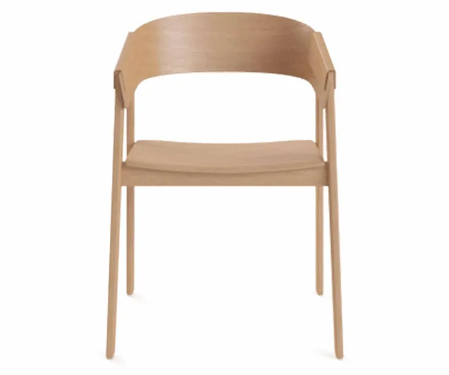 A minimalist wooden chair with curved backrest and thin legs, designed in a modern style.