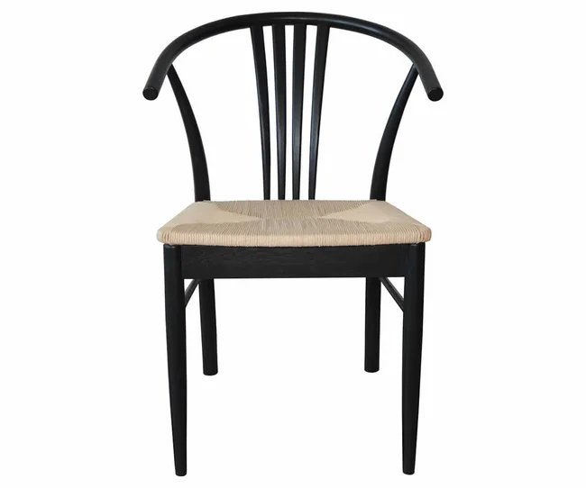 Black wooden chair with a curved backrest and a woven beige seat.