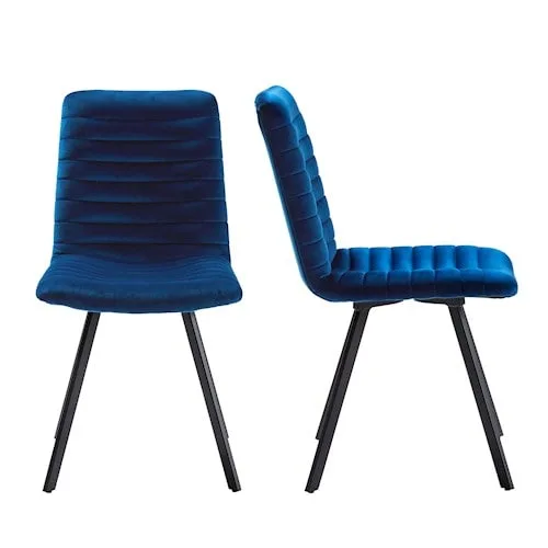 Two modern blue velvet chairs with black metal legs, one facing front and the other side, on a white background.
