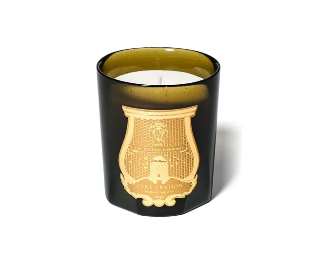 "Cire Trudon scented candle in a dark green glass holder with a gold crest label on the front."