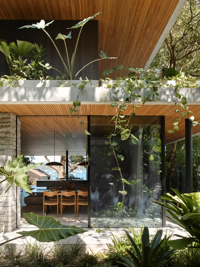 A mid-century-inspired home with floor-to-ceiling sliding doors and timber ceilings