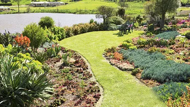 A lush, well-maintained succulent garden with a curved grass path, overlooking a serene lake and countryside houses in the distance.